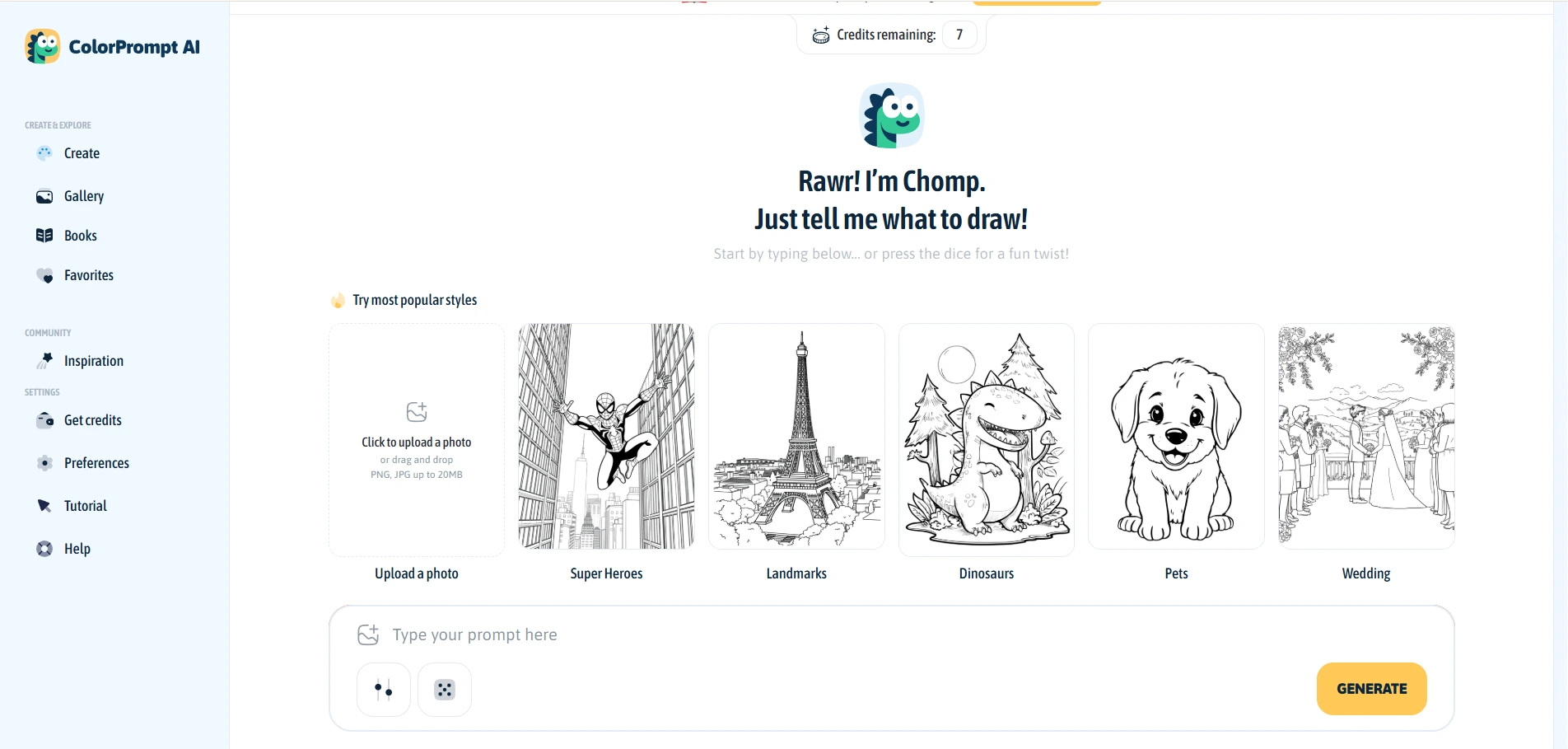 ColorPrompt AI coloring page generator interface with photo upload, prompt input, and popular coloring page styles