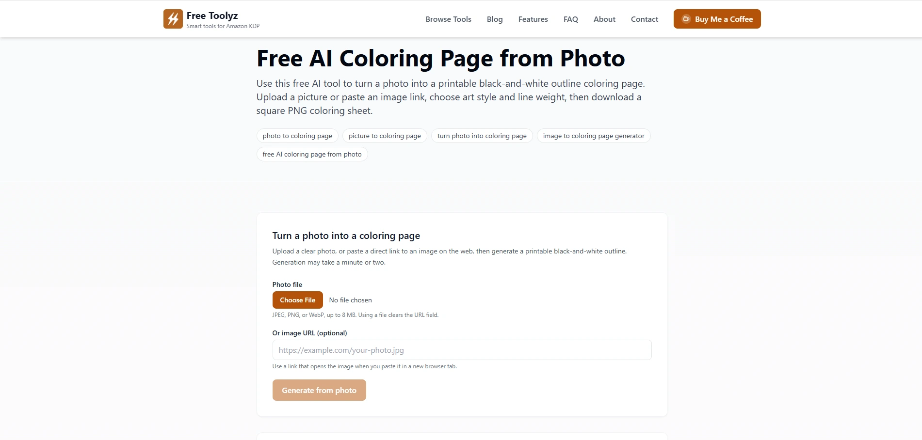 Freetoolyz photo to coloring page generator with image upload, optional image URL field, and generate from photo button