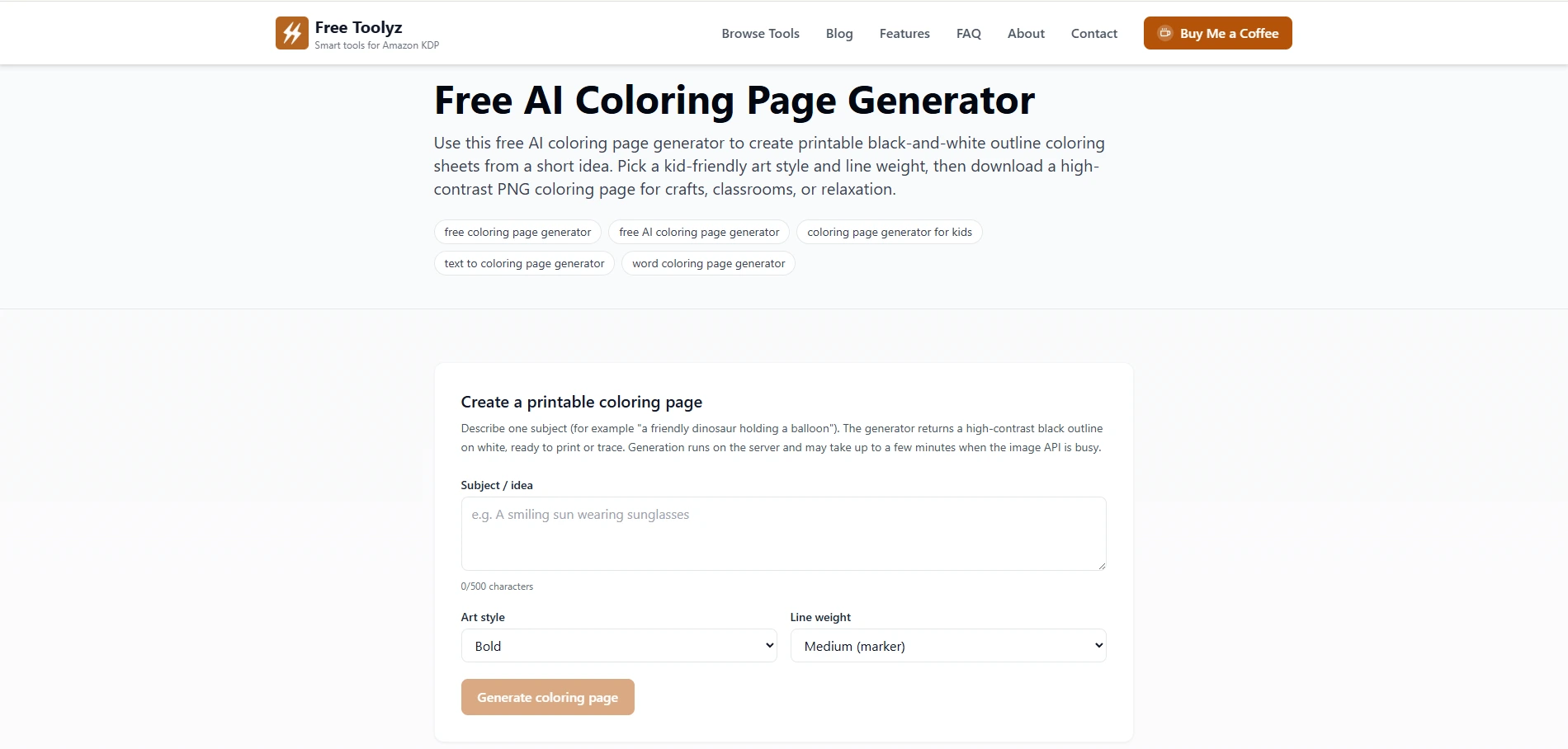 Freetoolyz AI coloring page generator with prompt field, art style selector, line weight option, and generate coloring page button