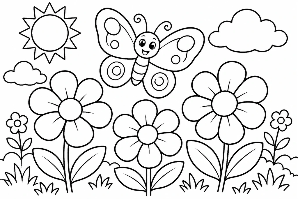 bug coloring page of a butterfly in a garden