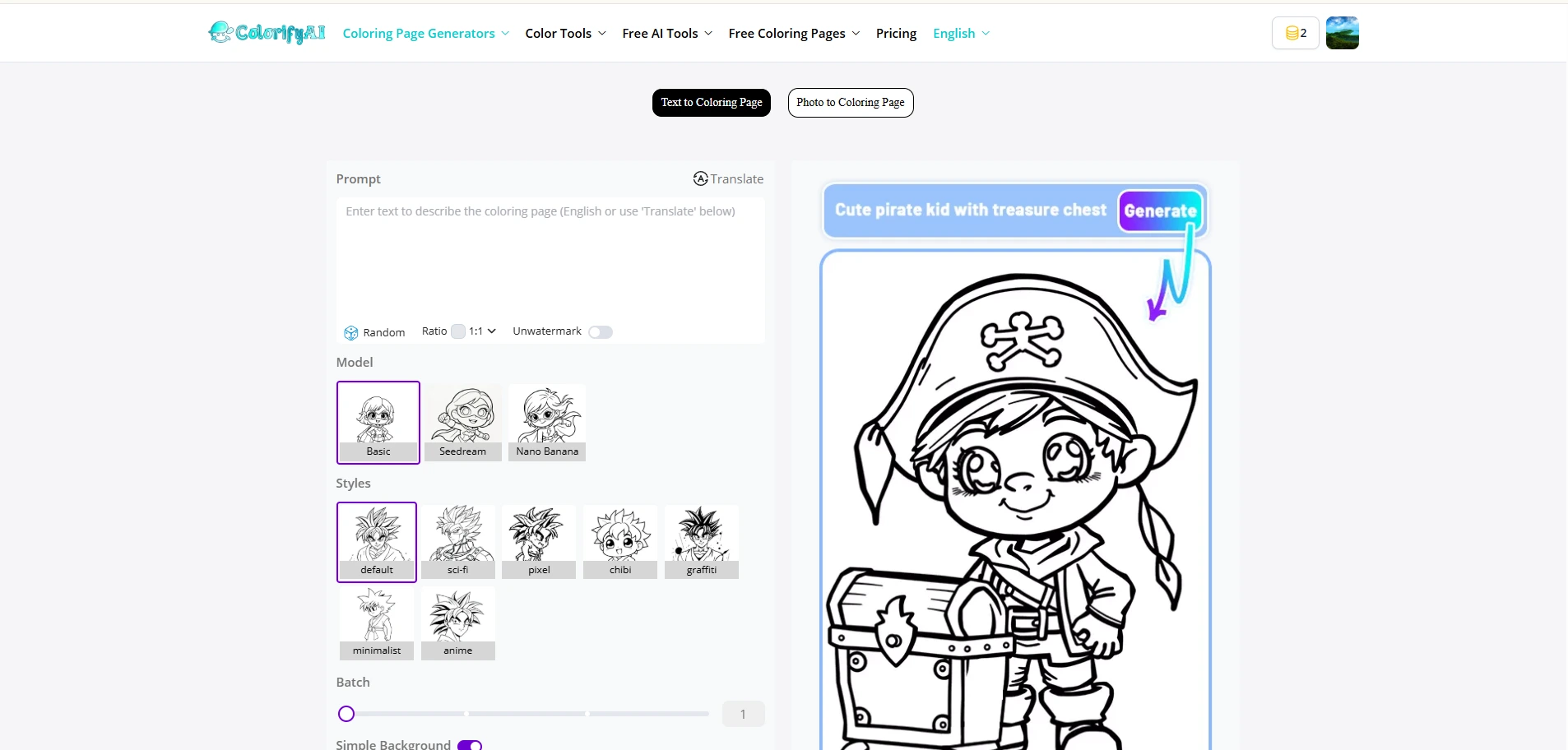 Colorify AI coloring page generator with text to coloring page, photo to coloring page, model choices, style options, and pirate kid preview