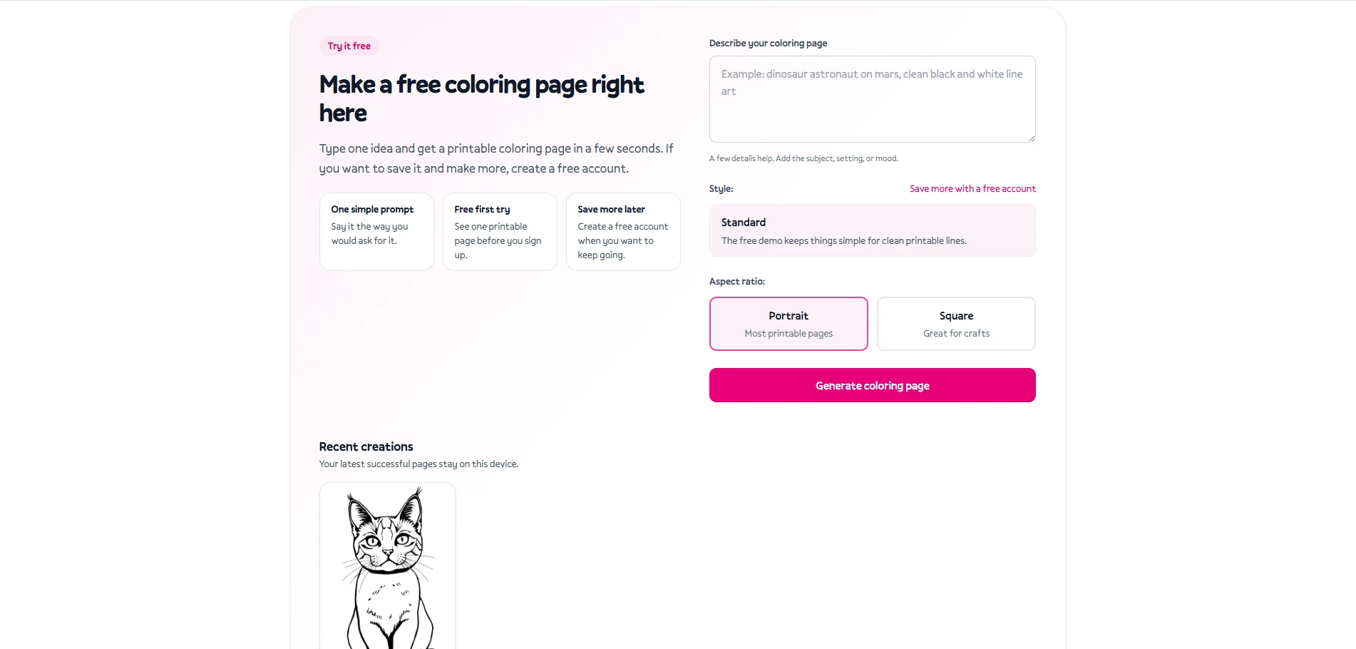 ColorBliss free AI coloring page generator with prompt box, style option, portrait and square aspect ratio choices, and recent cat coloring page