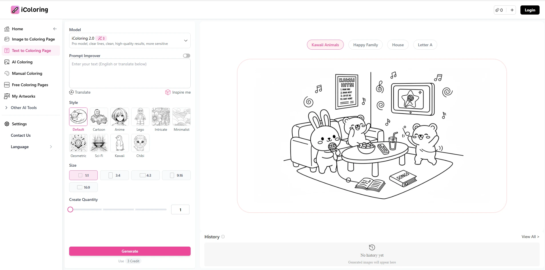 iColoring AI coloring page generator demo showing text prompt input, model selection, style options, page size choices, and a kawaii animals coloring page